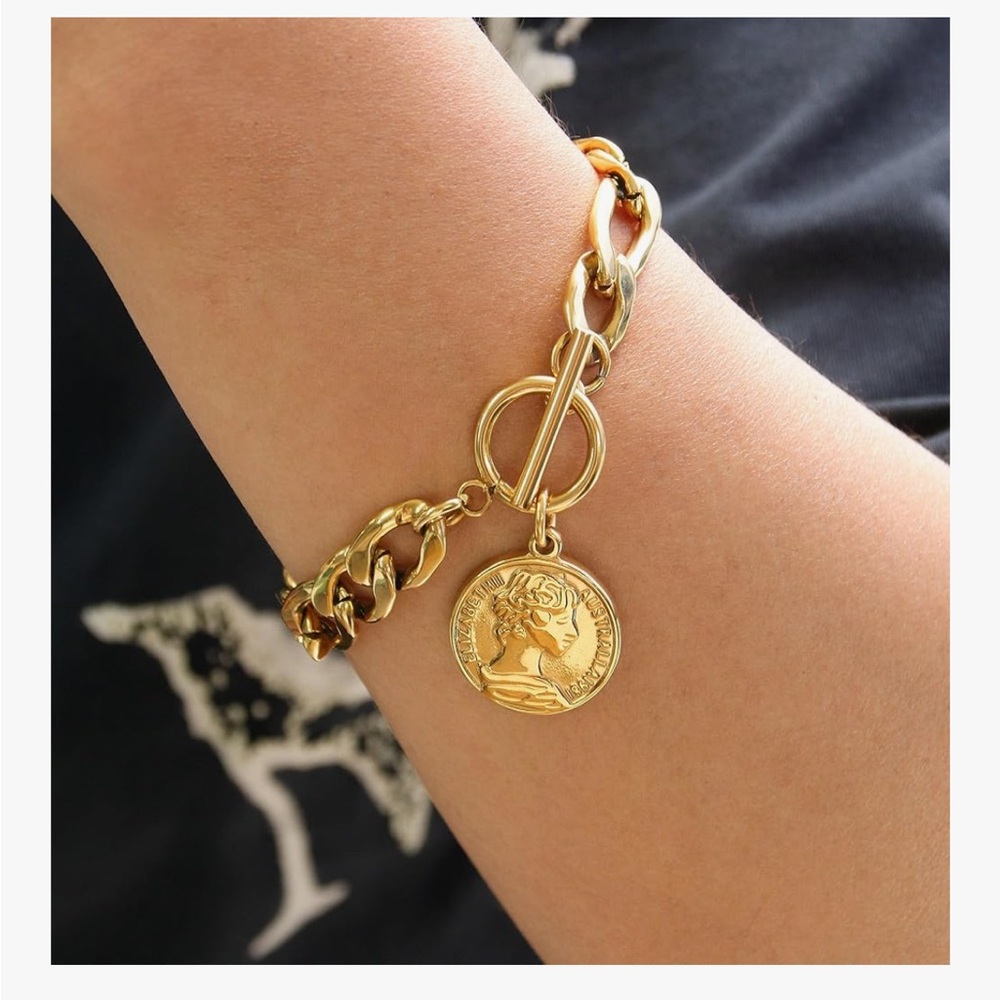 Gold Chain Toggle Bracelet with Coin Charm - men Jewelry